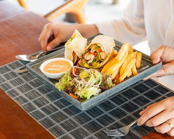 Chicken Wrap Platter with French Fries served at Island Center Point hotel, Koh Rong Sanloem.
