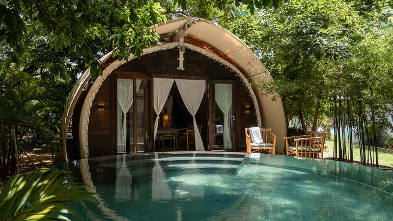 Daytime exterior view of a rounded tented wooden cabin structure (Jungloo), situated directly in front of the swimming pool surrounded by lush green trees.