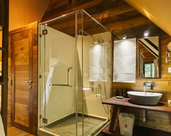 Glass-enclosed shower set inside wood bathroom suite.