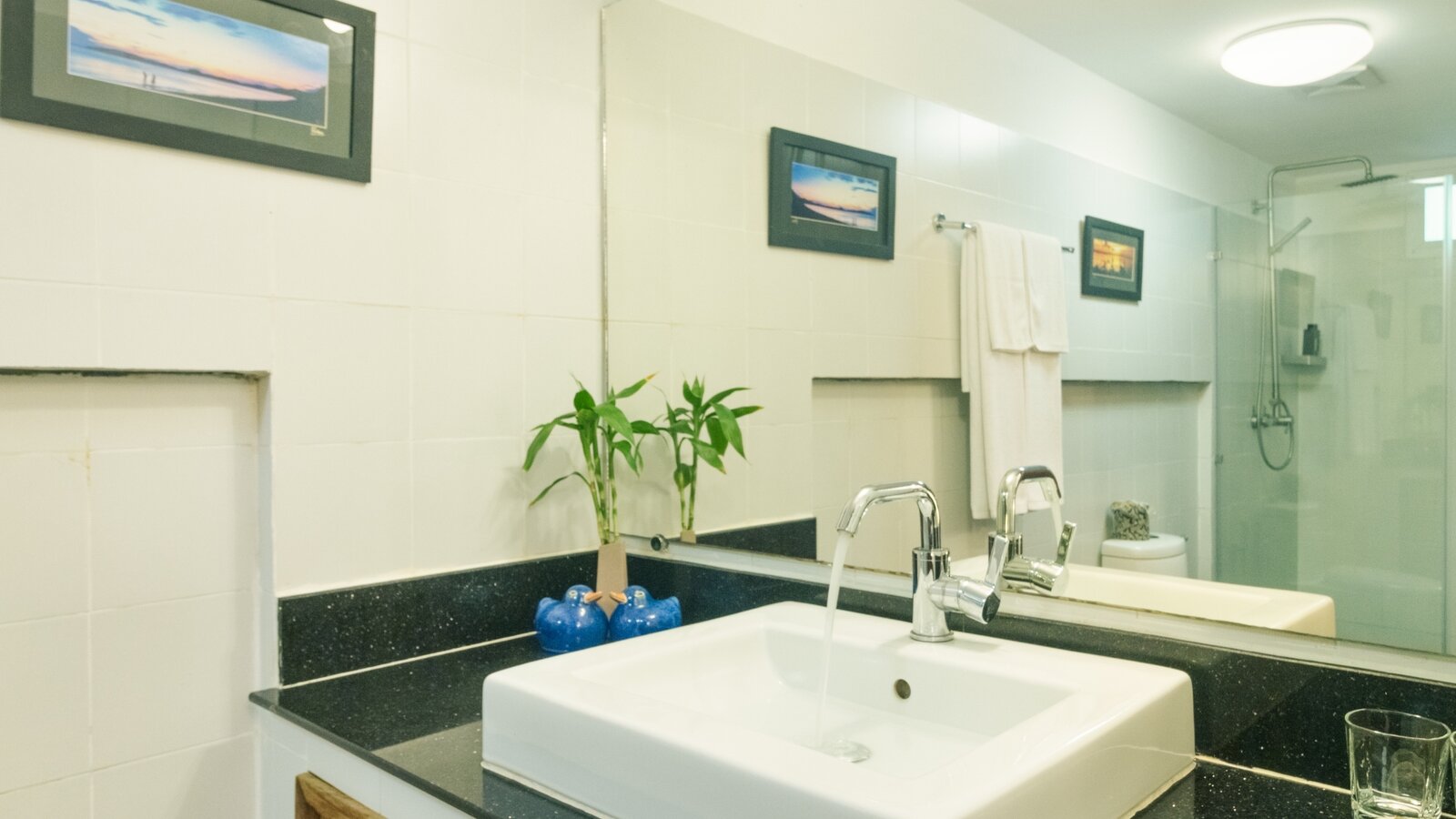Pavilion suite bathroom with sink, large mirror, black countertop and glass-enclosed shower