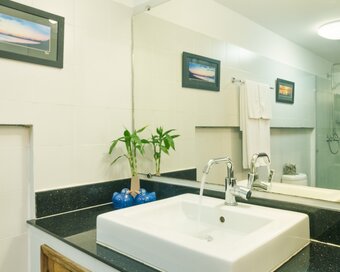 Pavilion suite bathroom with sink, large mirror, black countertop and glass-enclosed shower
