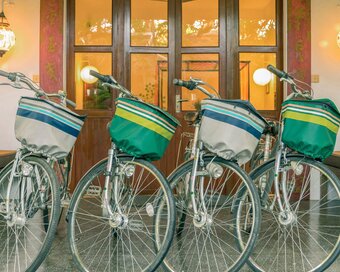 Four free bicycles arranged in front of Pavilion's building.
