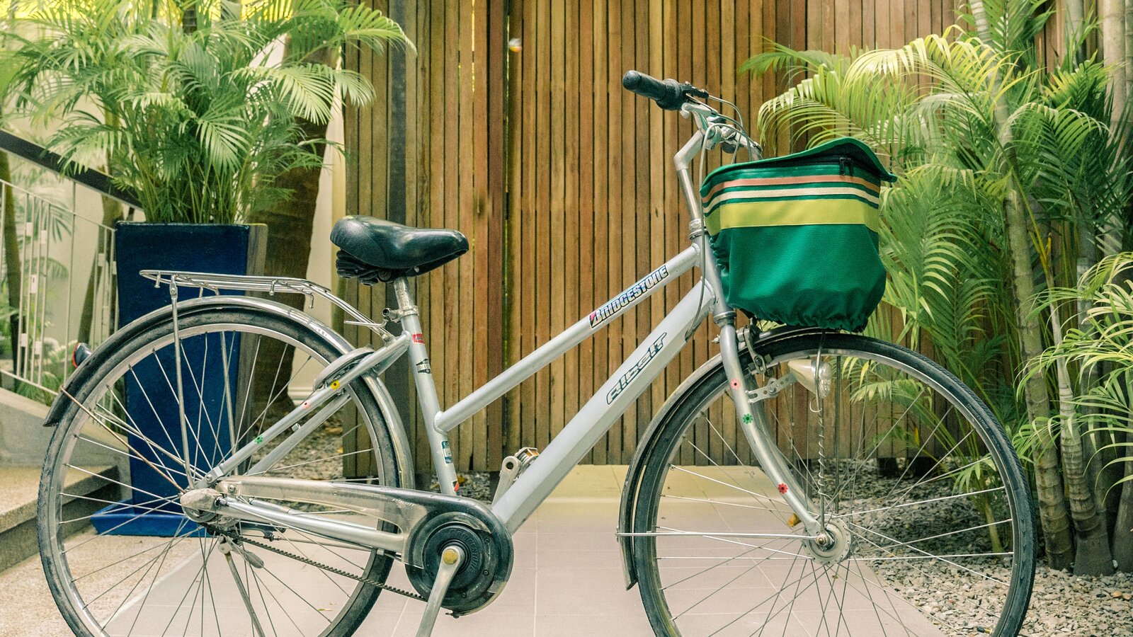 One bicycle parked in front of Pavilion room surrounded by plants.