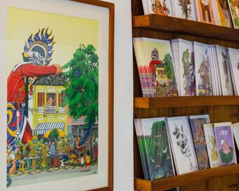 Illustrated cards featuring Cambodian-inspired artwork and architecture.