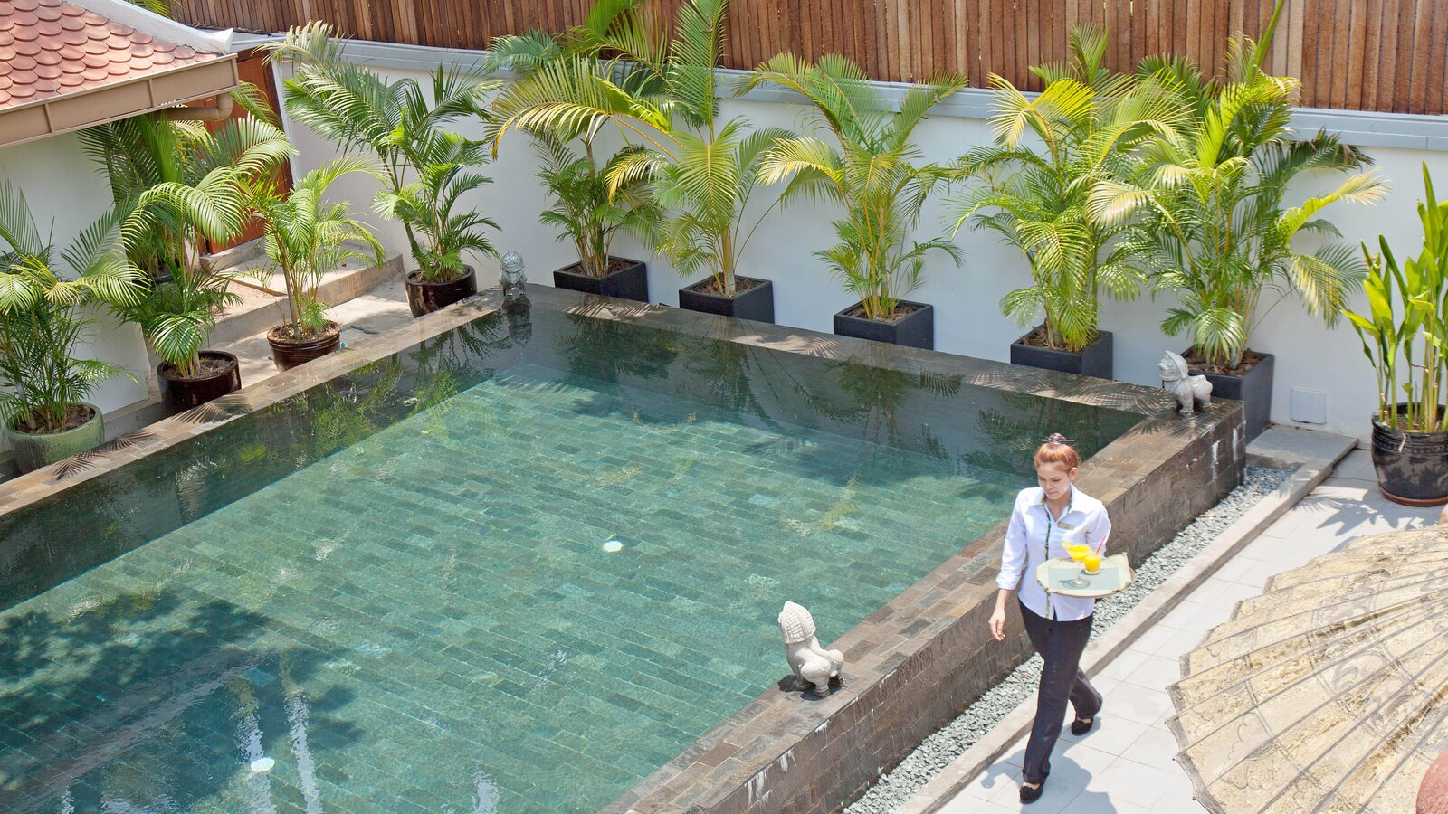 Pavilion service team member carries refreshments by the Sun Pool walkway lined with palms and stone details.
