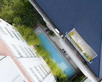 Aerial shot looking down at the roof of White Mansion and the lap pool between the building and lush green trees.